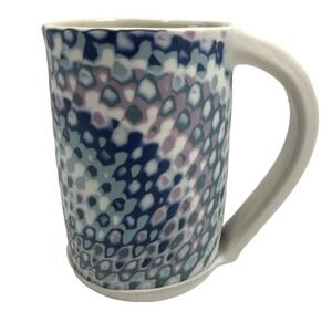 Rare Vtg Pottery Mug Unusual Tie Die Technique Blue Pink Teal Signed